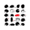 Funny hedgehog family, black silhouette for your design