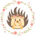 Funny hedgehog in the round frame with spring flowers