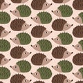 Funny hedgehogs hand drawn vector illustration. Cute forest animal seamless pattern.