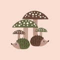 Funny hedgehogs and mushrooms hand drawn vector illustration.