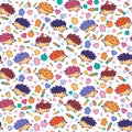 Funny Hedgehogs Pets and Food Seamless Pattern