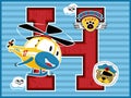 Funny helicopter cartoon vector with cute pilot on striped background