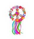 Funny hippie peace symbol with flower-power, fly agaric, paisley, butterflies, rainbow and colorful ribbons for t-shirt, bag desig