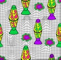 Funny hippie 70s style lava light lamp and distorted mesh seamless pattern. Psychedelic, groovy, trippy lava lamp print Royalty Free Stock Photo