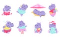 Funny hippo. Children hippos mascots, animals ballet dancing, play soccer, eating and go to sleep. Cute animal
