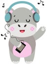 Funny hippo listening music with headphones Royalty Free Stock Photo