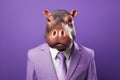 Funny hippo in purple business suite on purple studio background. Businessman or worker, humanised animals Royalty Free Stock Photo