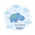 Funny hippo. Vector cartoon character. Emblem. Cute hippo on a background of the sky with clouds.