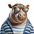 Funny Hippo Wearing Sunglasses In Stylish Striped Shirt