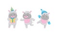 Funny Hippopotamus Carrying Gift Box and Running Vector Set Royalty Free Stock Photo