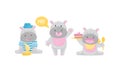 Funny Hippopotamus Eating Cake and Greeting Waving Paw Vector Set