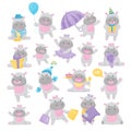 Funny Hippopotamus with Friendly Snout Enjoying Various Action Big Vector Set