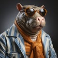 Funny Hippopotamus Wearing Sunglasses And Striped Tie