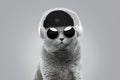 Funny hipster cat with fashionable hat and vintage round sunglasses listens to music in white wireless headphones on gray Royalty Free Stock Photo