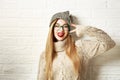 Funny Hipster Girl in Winter Clothes Going Crazy Royalty Free Stock Photo