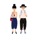 Funny hipster man and woman wearing stylish fancy clothing standing together. Fashionable young couple. Cartoon