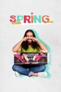 Funny hispanic long hair man holding big boombox player decorated with pink flowers celebrate spring theme retro party
