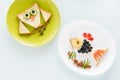 Funny homemade sandwiches in shapes of fish and owl on plates