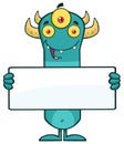 Funny Horned Blue Monster Cartoon Character Holding A Blank Sign