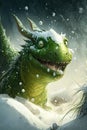 Funny horned dragon in white snow - symbol for New Year, Generative AI