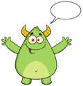 Funny Horned Green Monster Cartoon Character With Welcoming Open Arms And Speech Bubble