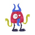 Funny Horned Monster with Long Arms Sticking Out Tongue Vector Illustration