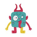 Funny Horned Monster with Long Arms Sticking Out Tongue Vector Illustration