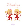 Funny horoscope with cute monkeys. Zodiac signs. Leo.