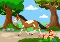 Funny horse with a background of a beautiful garden