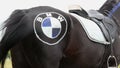 Funny horse with BMW logo on its back, horsepower symbol