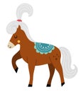 Funny horse with a saddle and pony tail. Vector circus animal. Amusement holiday icon. Cute funny festival character clip art.