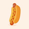 Funny hot dog with sausage between long buns. Cute hotdog with mustard and face on frankfurter. Appetizing fast food