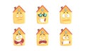 Funny House with Different Emotions Set, Cute Yellow Cottage Cartoon Character with Various Face Expressions Cartoon