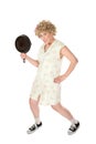 Funny housewife with frying pan Royalty Free Stock Photo