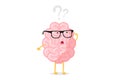 Funny human brain thought character with glasses thinks over question mark. Seeking answer cartoon brain concept. Strong Royalty Free Stock Photo