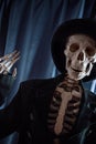 Funny human skeleton in a jacket and bowler hat.