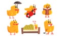 Funny Humanized Chicken in Various Situations Set, Cute Bird Cartoon Character Activity Vector Illustration Royalty Free Stock Photo
