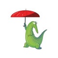 Funny humanized crocodile holding bright red umbrella. Green alligator. Wild animal. Cartoon vector design Royalty Free Stock Photo