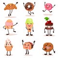 Funny humanized desserts cartoon characters set, croissant, donut, cake, ice cream, cookie with funny faces vector Royalty Free Stock Photo