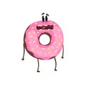 Funny humanized donut with pink vanilla glaze and sprinkles. Cartoon doughnut character with happy face expression