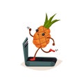 Funny humanized pineapple running on treadmill. Cartoon tropical fruit. Sport and physical activity theme. Flat vector