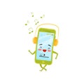 Funny humanized smartphone walking and listening music with headphones. Cartoon character. Flat vector design