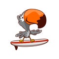 Funny humanized toucan standing on surfing board. Summer activity. Tropical bird. Cartoon vector design