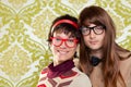 Funny humor nerd couple on vintage wallpaper