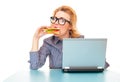 Funny hungry business woman eating sandwich