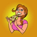 Funny hungry girl eating pizza