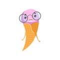 Funny ice-cream character in waffle cone. Cartoon sweet frozen dessert in glasses with two big teeth. Flat vector design