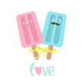 Funny ice cream couple with lips, mustaches and eyes. Bow on st