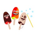 Funny ice lolly pop. Magic wand forming a cheerfully colored lollies with a funny face as baby, a clown and a gentleman.