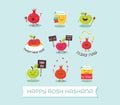 Funny icons of cartoon characters for Rosh Hashanah, Jewish holiday. honey jar, apples and pomegranates. Vector Royalty Free Stock Photo